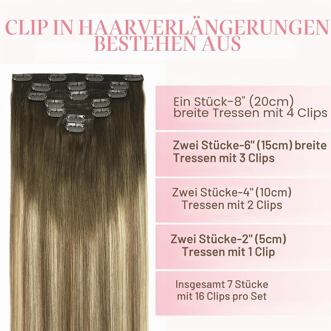 GOO GOO Clip in Extensions Echthaar, 120g 7 Stück 35cm 14 Zoll Walnussbraun bis Aschbraun und Bleich