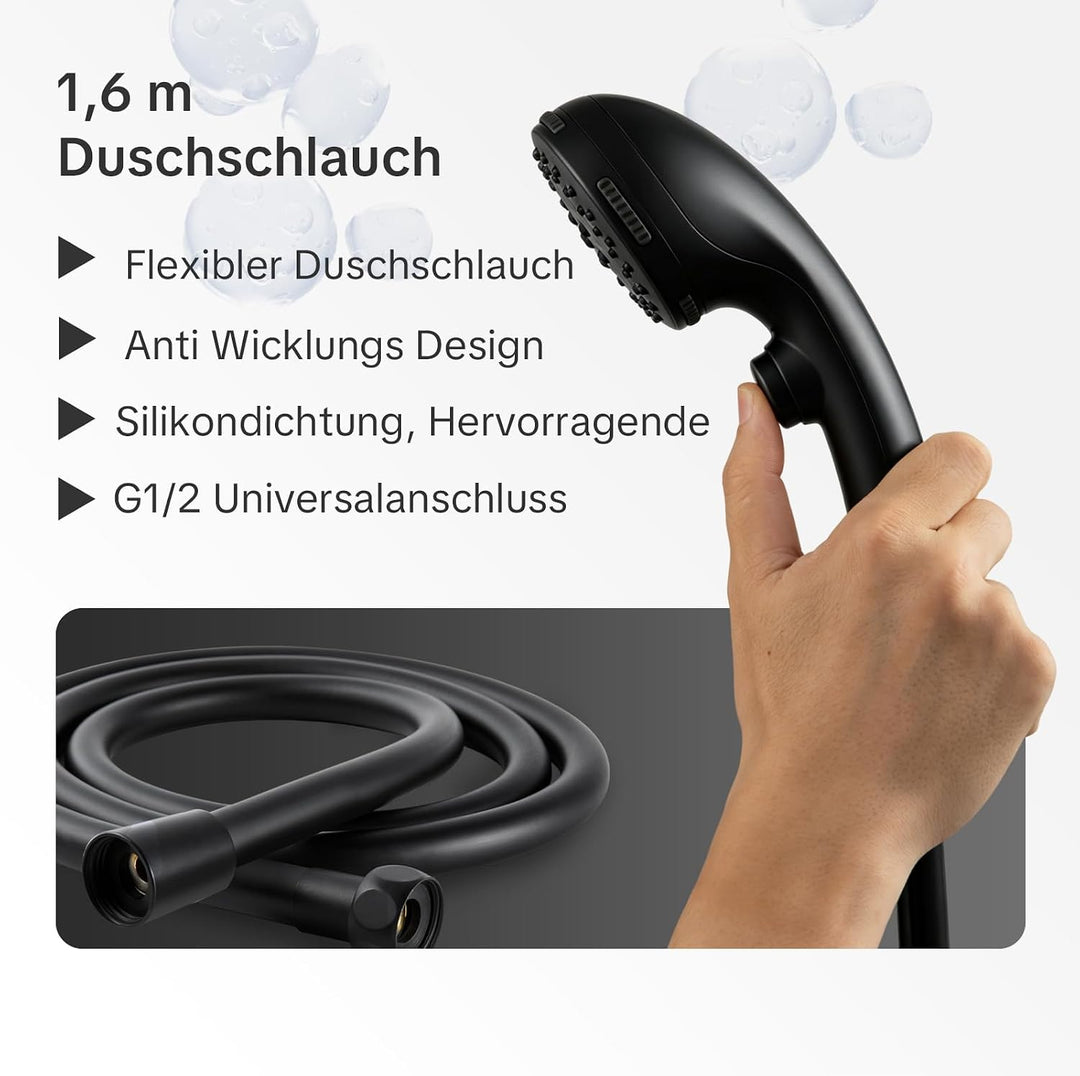 OFFO Duschkopf mit Duschschlauch 1,6m, Stoppfunktion Brausekopf Dusche mit 5 Strahlarten, Wasserspar