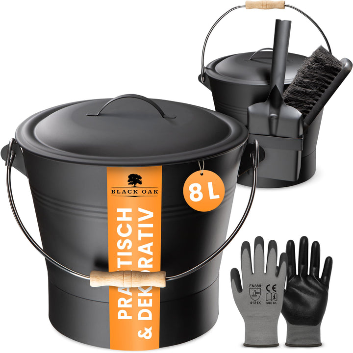 BLACK OAK Ascheeimer LANIN 8L - Asche-Eimer schwarz mit Deckel & Holz-Griff HELL + Feger + Schaufel
