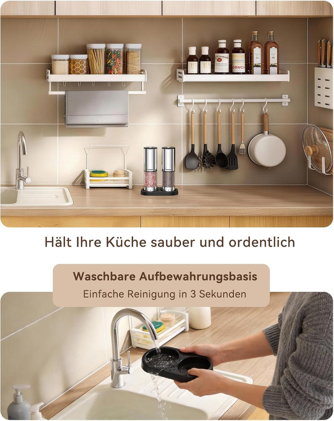 TOMEEM Elektrisches Salz- und Pfeffermühlen-Set, Type-C wiederaufladbar, LED-Akkuanzeige, Edelstahl-