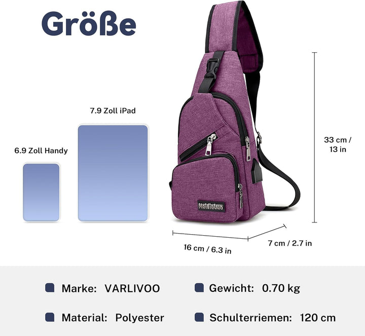 VARLIVOO Herren Sling Bag mit USB Port Crossbody Bag Diebstahlsicherung Schultertaschen Reise Wander