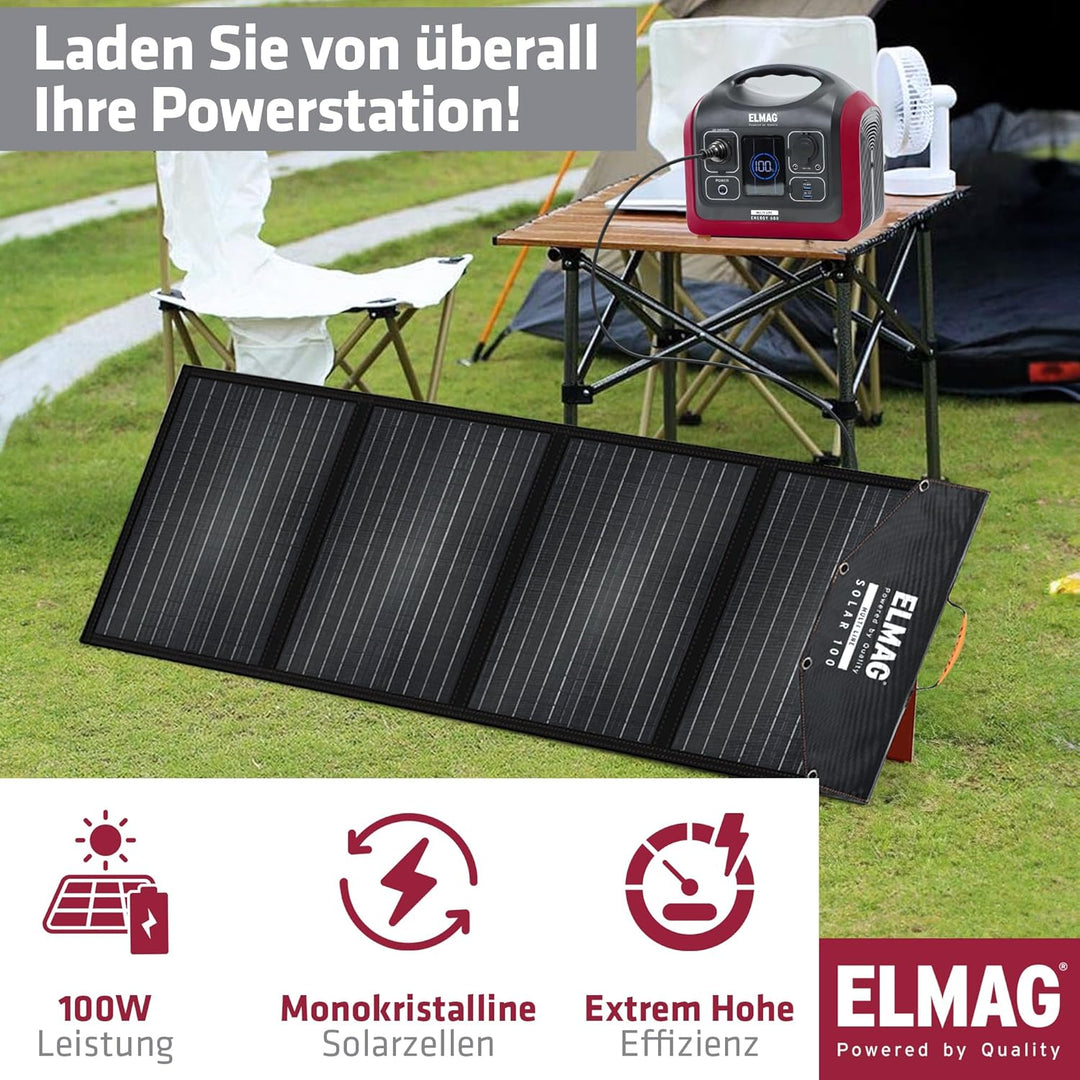 ELMAG Faltbares Solarpanel SOLAR 100 – Monokristallines 100W Solarmodul für tragbare Powerstations –