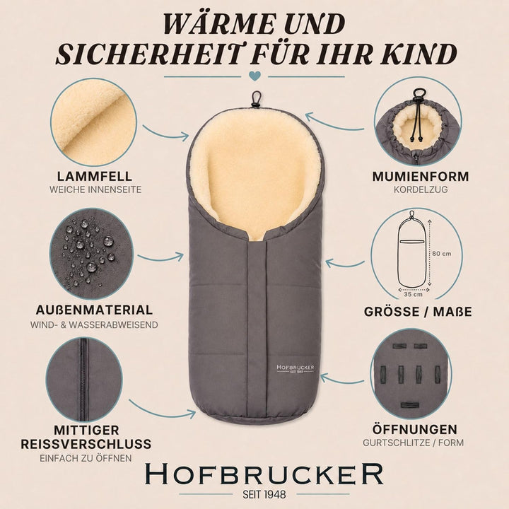 Hofbrucker Lammfell-Fusssack Eskimo für Babyschale, Kinderwagen, Buggy/Universeller Winterfusssack/F