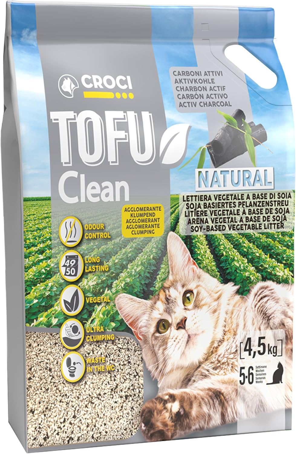 Croci Tofu Clean Katzenstreu, 10 l, Aktivkohle, klumpend, geruchshemmend, mit Aktivkohle, biologisch