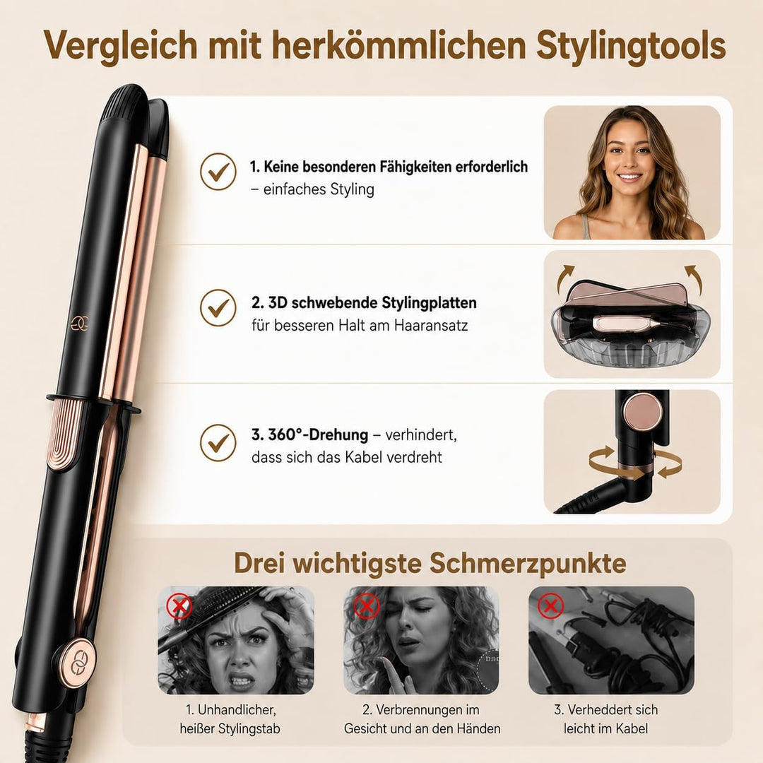 Glätteisen 2-in-1 Professioneller Haarglätter & Lockenstab Golden Goods – Titanplatten mit Keramikbe