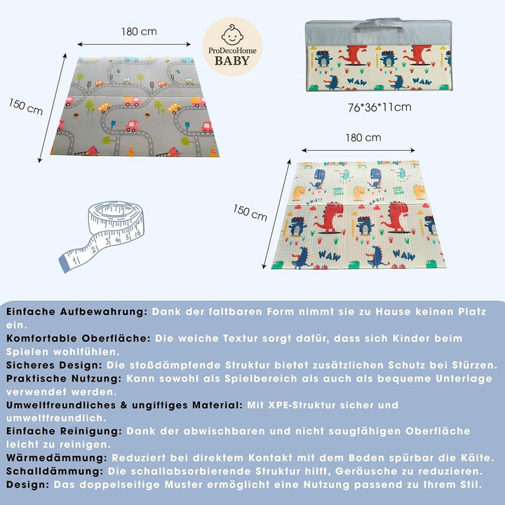 Krabbelmatte Baby, faltbar, doppelseitig, 150x180cm Dinosaurier und Autos | Kinder Spieldecke, Rutsc