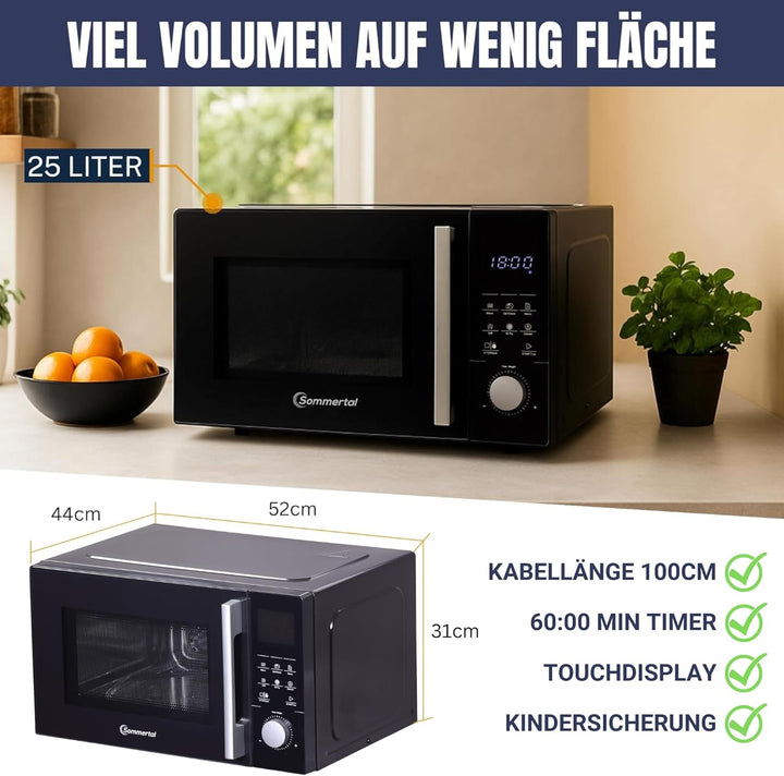 4in1 Mikrowelle Schwarz - Grill, Heissluft-Fritteuse, Konvektion -2200 W, 8 Programme, 60 Min Timer,