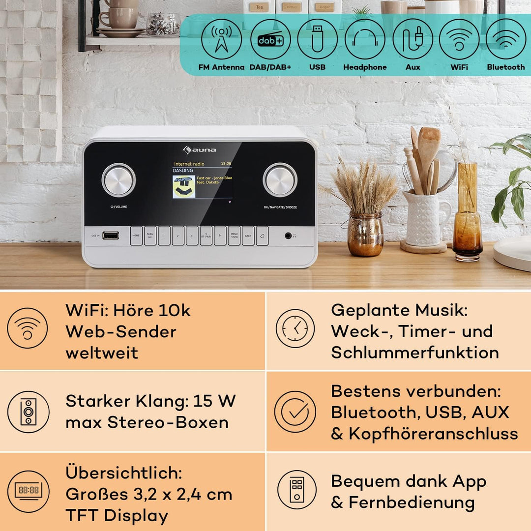 Auna Radio für Küche & Bad, Aufladbares DAB-Radio, DAB Plus Radio mit Bluetooth, Radio Batteriebetri
