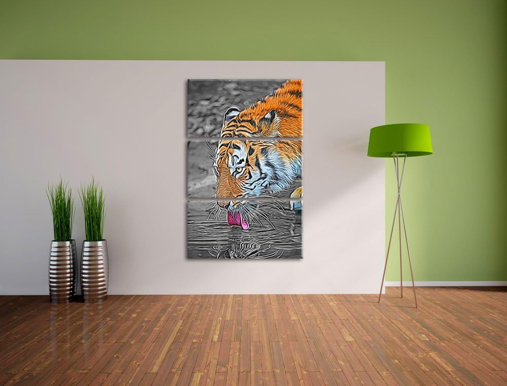 stolzer Tiger am Wasser schwarz/weiss Deluxe 3-Teiler Leinwandbild 120x80 Bild auf Leinwand, XXL rie