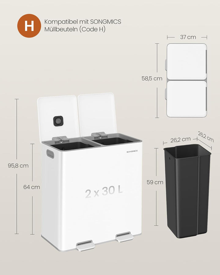 SONGMICS Mülleimer Küche, 2 x 30 L, 2 Fächer, Mülltrennsystem, Softclose, herausnehmbare Inneneimer,