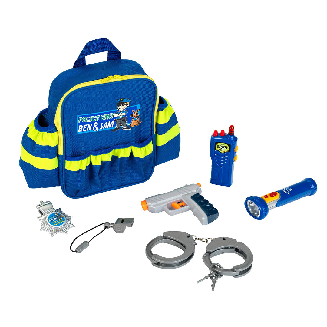 Theo Klein 8802 Polizei-Rucksack mit Zubehör | Mit batteriebetriebener Taschenlampe, Handschellen un