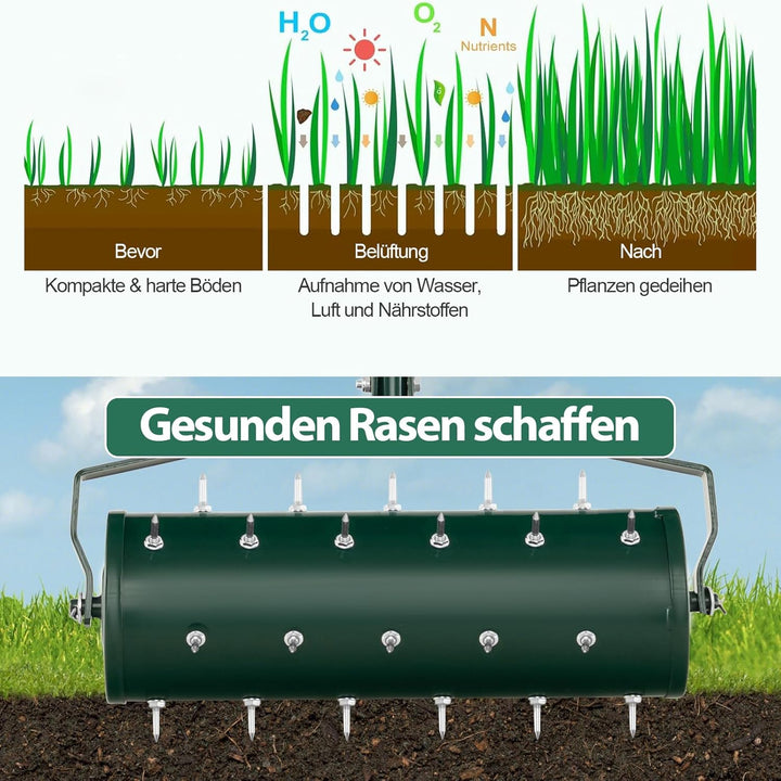 SOARS Rasenlüfter Walze, Rasenbelüfter mit 3,5cm Nägeln & Stiel, Handvertikutierer befüllbar, Garten