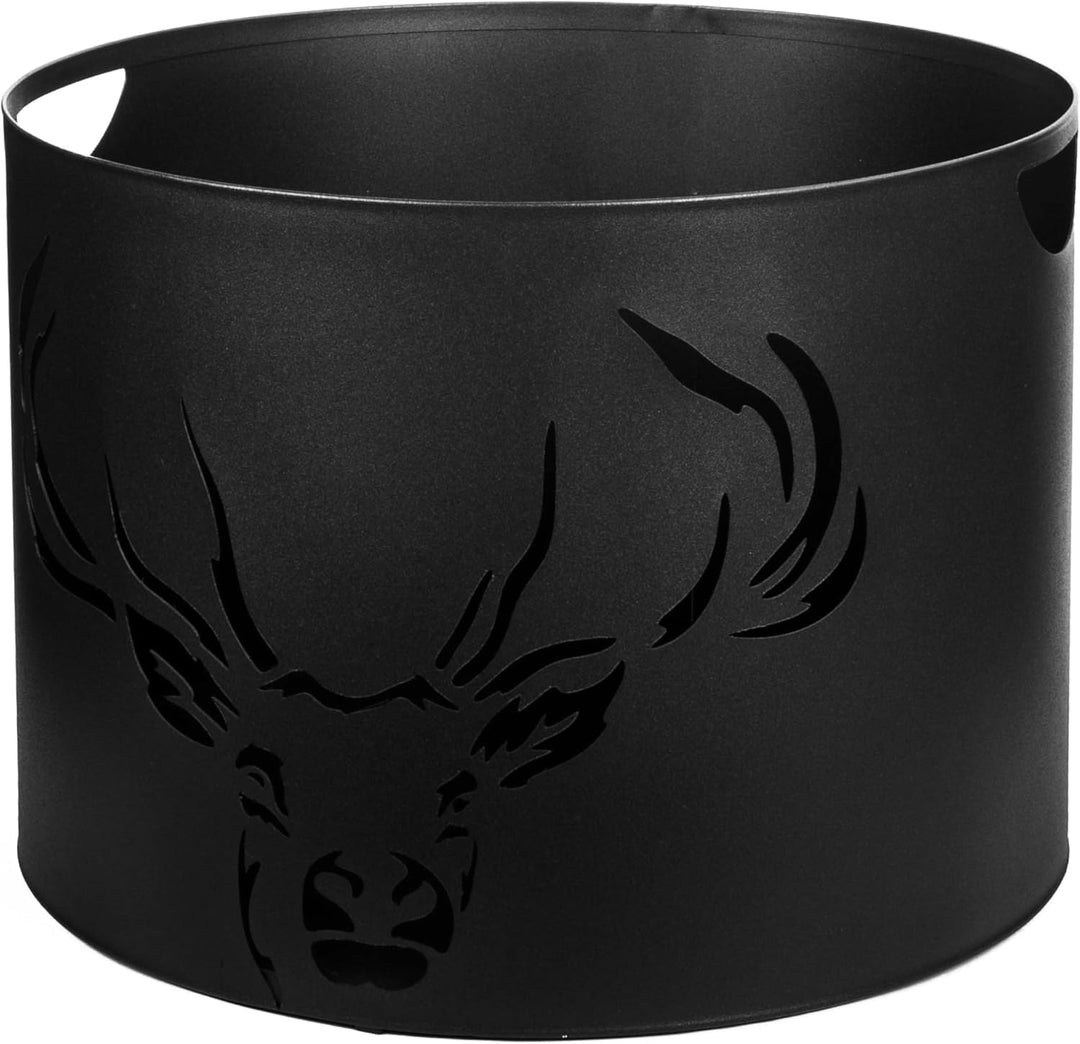 Kapaga – Kaminholzkorb 38 x 28 cm – Metall Schwarz pulverbeschichtet – Holzträger mit Hirschmuster –