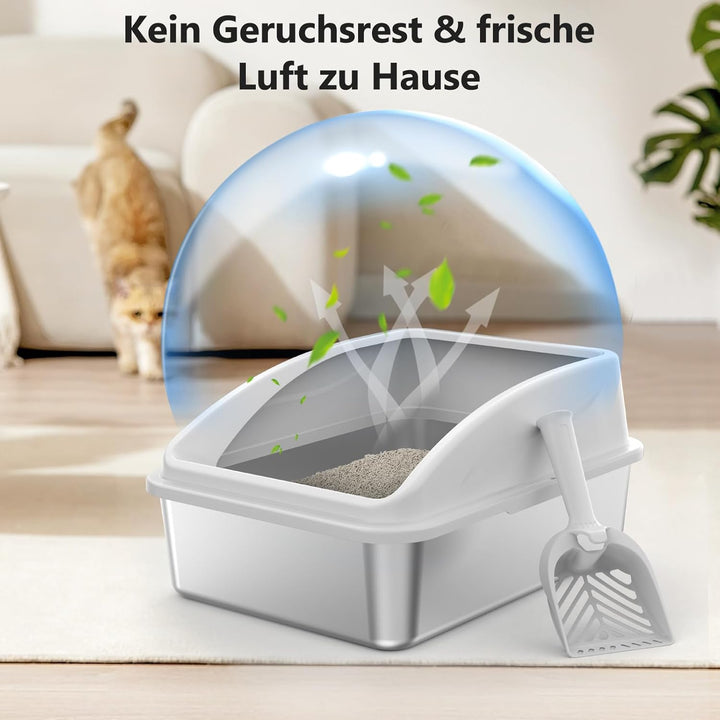 FURTIME Katzenklo Edelstahl, Katzentoilette Edelstahl 18L mit Schaufel, Katzenklo Metall mit Hochwan