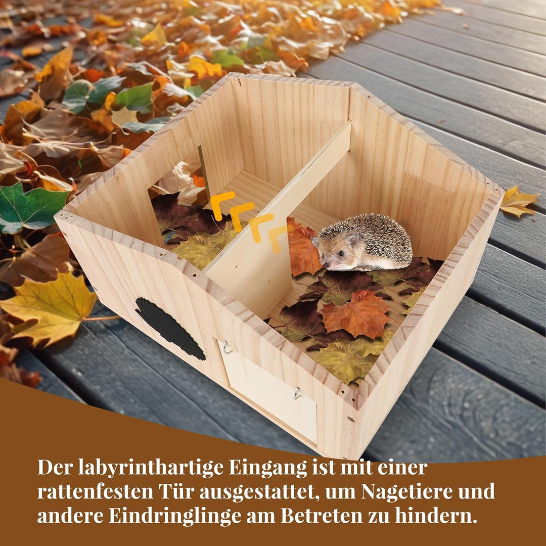 Igelhaus Holz mit Rattenklappe und Boden, Winterfeste Igelhotel mit Labyrintheingang und Schrägem Da