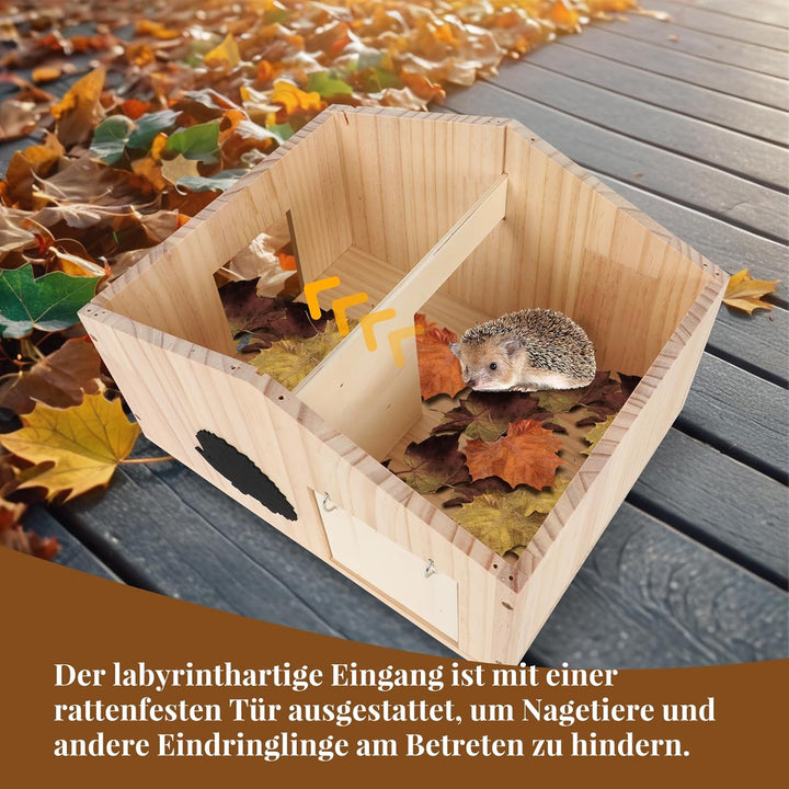 Igelhaus Holz mit Rattenklappe und Boden, Winterfeste Igelhotel mit Labyrintheingang und Schrägem Da