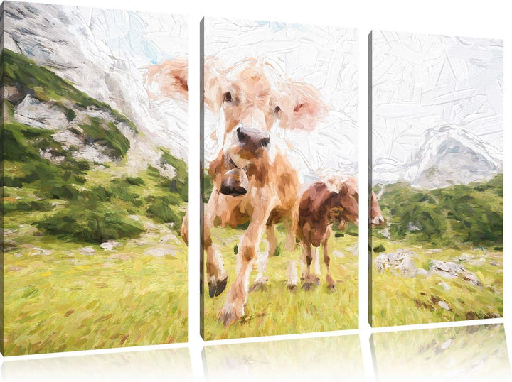 Pixxprint Almkuh auf der Weide Kunst als Leinwandbild | Grösse: 3 Teilig (120x80) | Wandbild| Kunstd