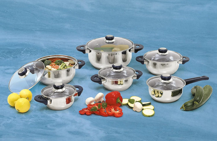 axentia Edelstahl-Topfset Karin 6-teilig, 5 Kochtöpfe & 1 Stiel-Kasserolle mit Glasdeckel, mit Schüt