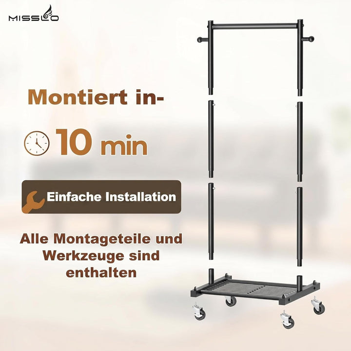 MISSLO Kleiderständer Klein auf Rollen, 114 cm Schmal Kleiderstange mit Ablagen, Metall Stabil Klamo
