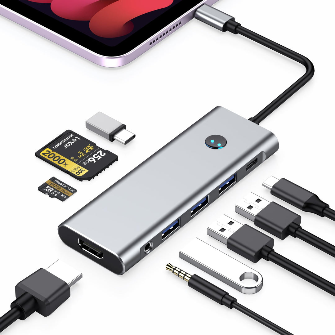 USB C HUB for iPad Pro Adapter 4K 60Hz HDMI, 100W PD, SD/TF Card Reader, 3 USB A Port, 3.5mm Audio J