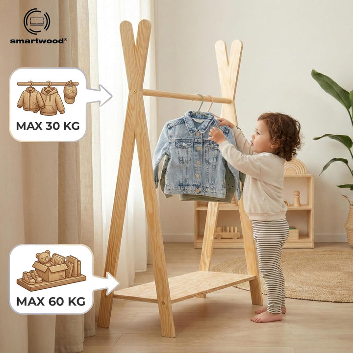 smartwood TIPI M - Kleiderständer für Kinder, Montessori Kindergarderobe mit Ablage - 3 Grössen, Nat
