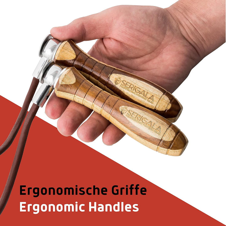 Serigala Profi Springseil aus Leder mit Holzgriffen - Lederspringseil mit Gewichten - Skipping Rope