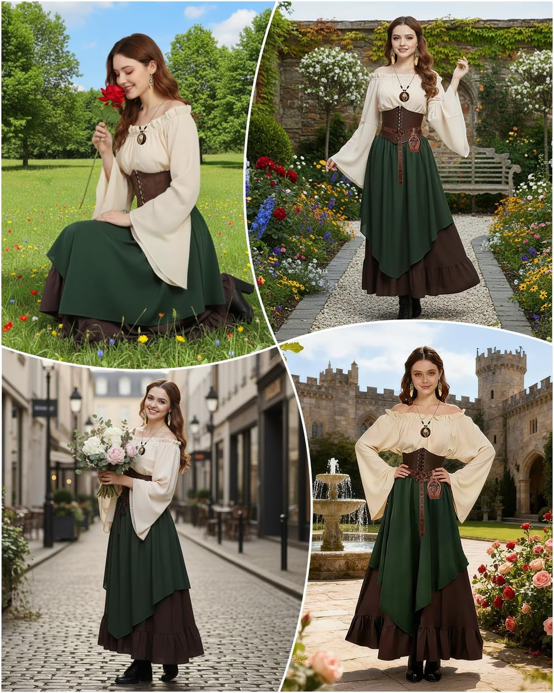 Mittelalter Kleidung Damen Set, Renaissance Kostüm und Retro Off Shoulder Bluse mit Corsett, Gürtelt
