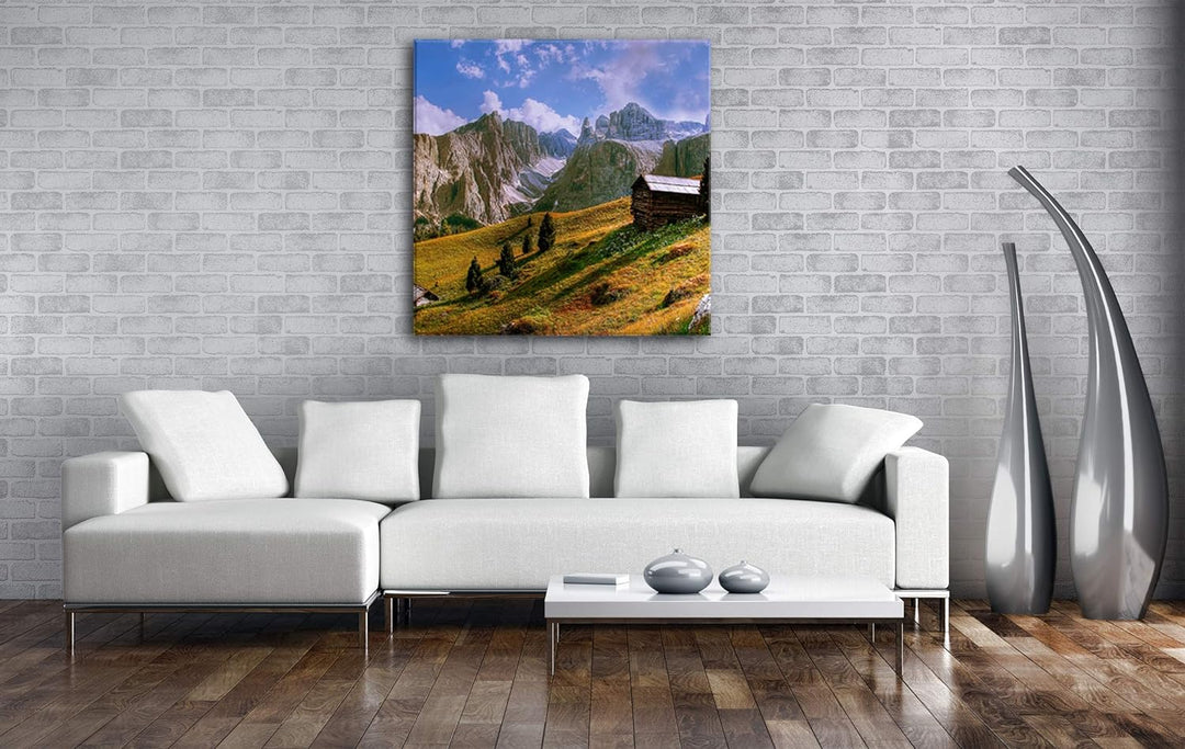 einsame Hütte in den Bergen Format: 70x70 als Leinwandbild, Motiv fertig gerahmt auf Echtholzrahmen,