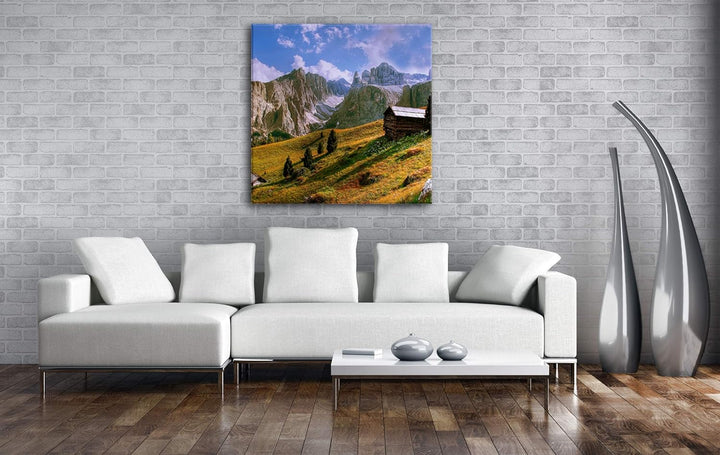 einsame Hütte in den Bergen Format: 70x70 als Leinwandbild, Motiv fertig gerahmt auf Echtholzrahmen,