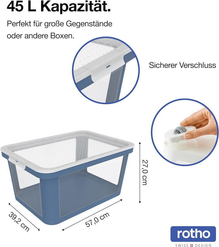 Rotho Albris Aufbewahrungsbox Deckel, Kunststoff (PP recycelt), blau/transparent, 45l, (57 x 39,2 x