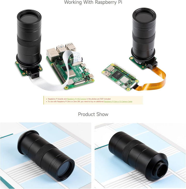 Waveshare Industrial Microscope Lens with 100X Magnification, C/CS-Mount, Compatible with Raspberry