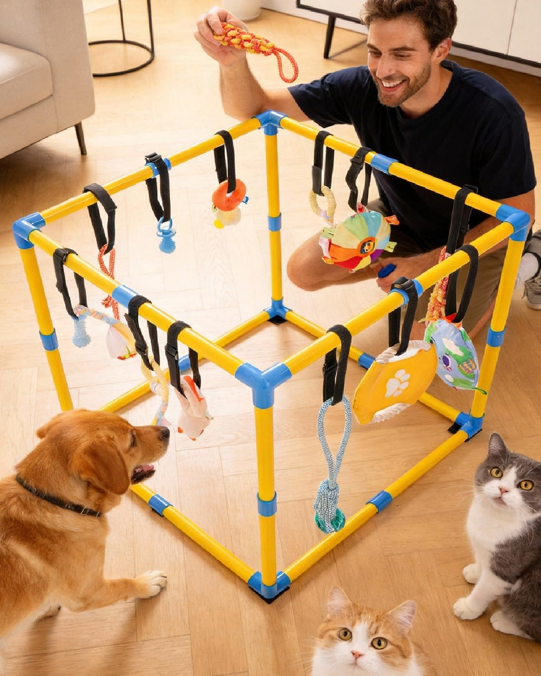 Welpen Spielgym für Kleine Hunde, 60 x 60 cm mit 12 Hängespielzeugen | Indoor Hundespielplatz mit An