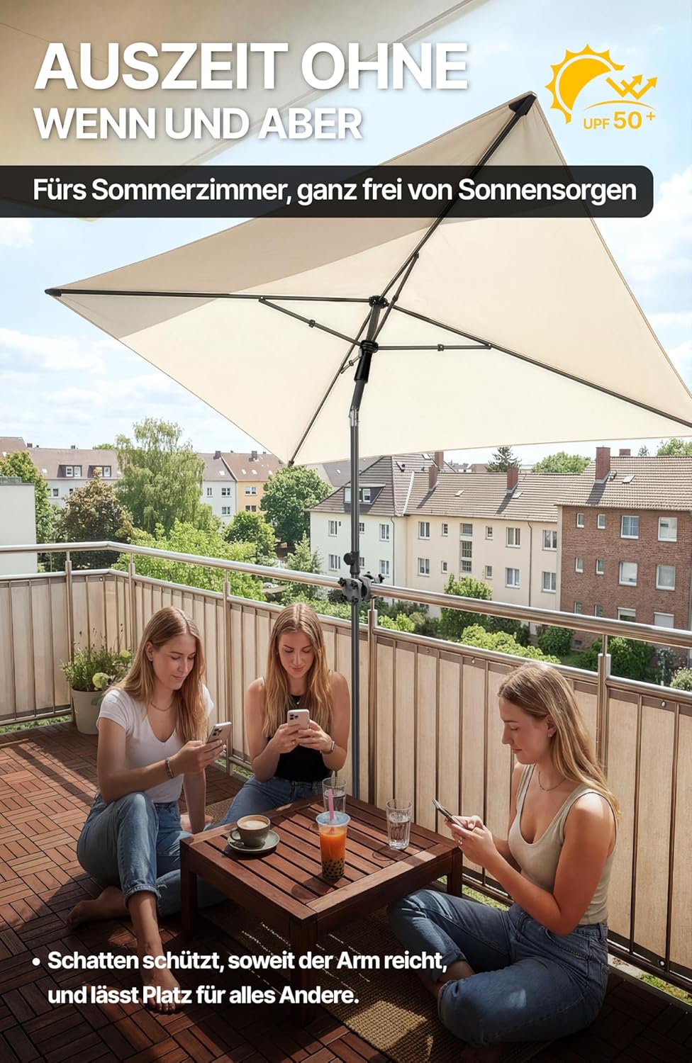 4smile SunnyShade Balkonschirm Rechteckig 210x140 cm, Sonnenschirm Balkon mit UV 50+, Sonnenschutz B