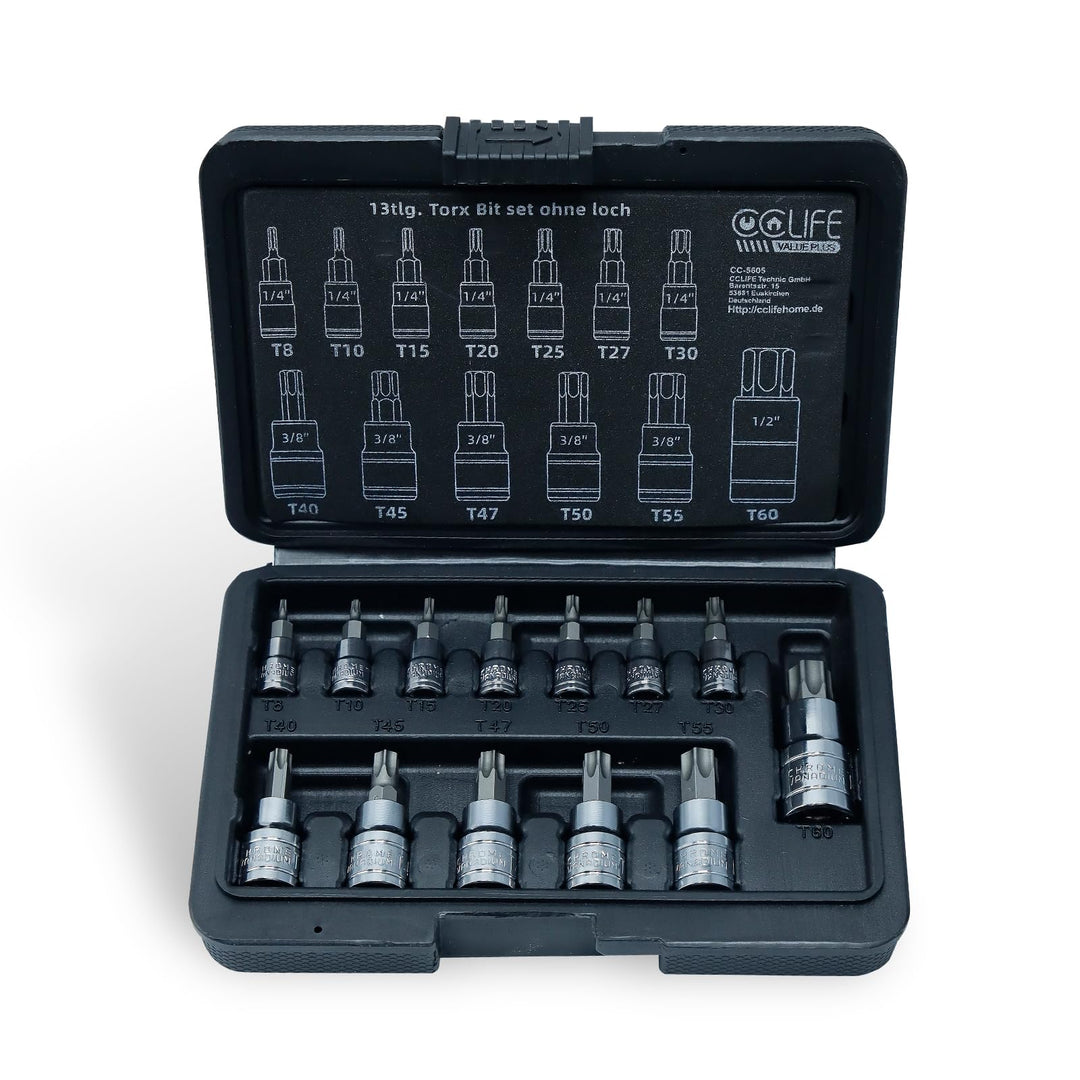 CCLIFE 13tlg Torx Bit Steckschlüsselsatz T8 -T60 bit set fur Drehmomentschlüssel und Bohrer, S2 Legi