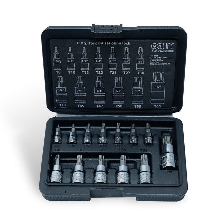 CCLIFE 13tlg Torx Bit Steckschlüsselsatz T8 -T60 bit set fur Drehmomentschlüssel und Bohrer, S2 Legi