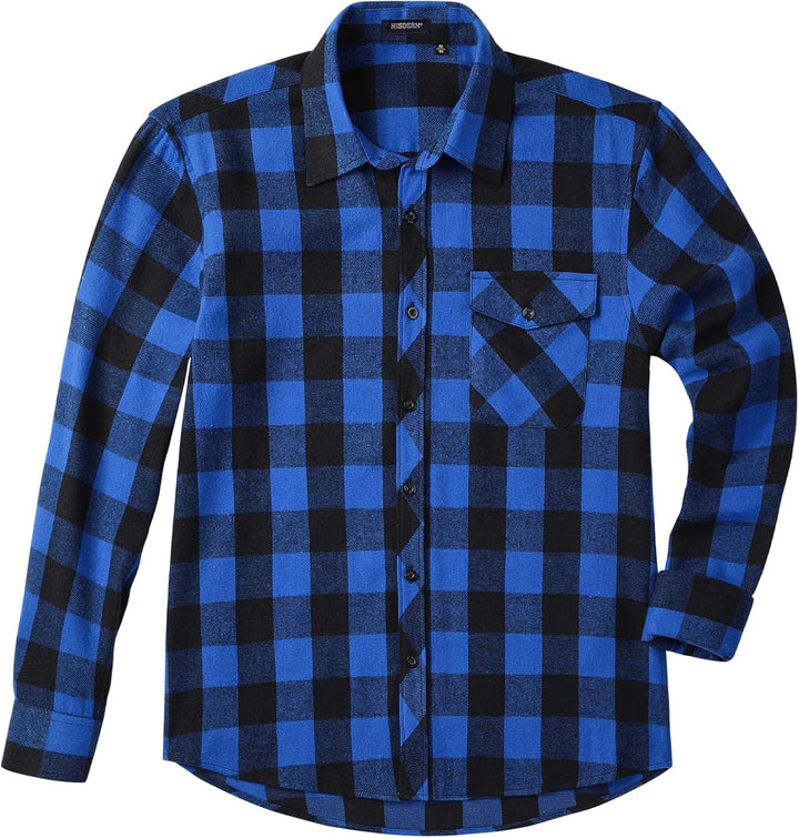 HISDERN Herren Hemd Checked Flanell Shirt, Herren Langarm Oberteil für Männer mit Brusttaschen, Butt