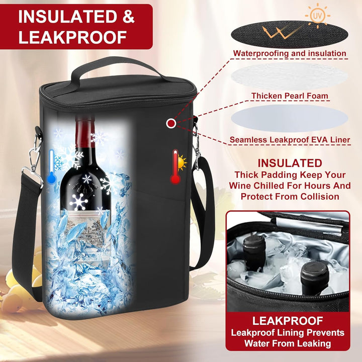 Kühltasche für 2 Flaschen, Flaschentasche Weinkühler 1.5L, 21.5x34cm Isolierter Wein Eisbeutel mit V