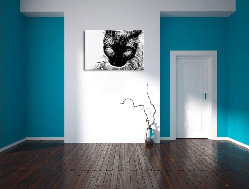 Pixxprint Schwarze Katze, Blaue Augen, als Leinwandbild/Grösse: 100x70 / Wandbild/Kunstdruck/fertig