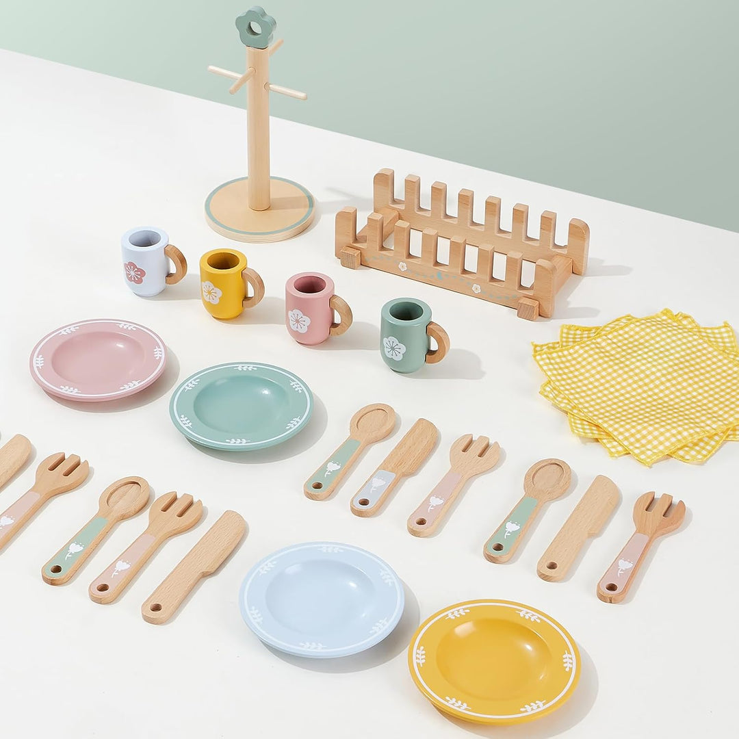 Atoylink Kinderküche Zubehör Holz Geschirr Teeservice Kinder, Geschirrset mit Tassen Teller, Spielkü