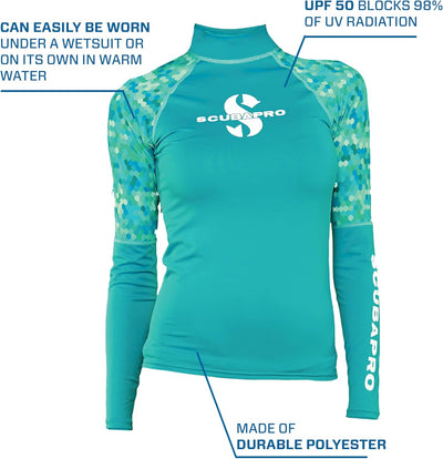 SCUBAPRO Damen UPF 50 Rash Guard, Long Sleeve, Women Rashguard XS Caribbean, XS Caribbean