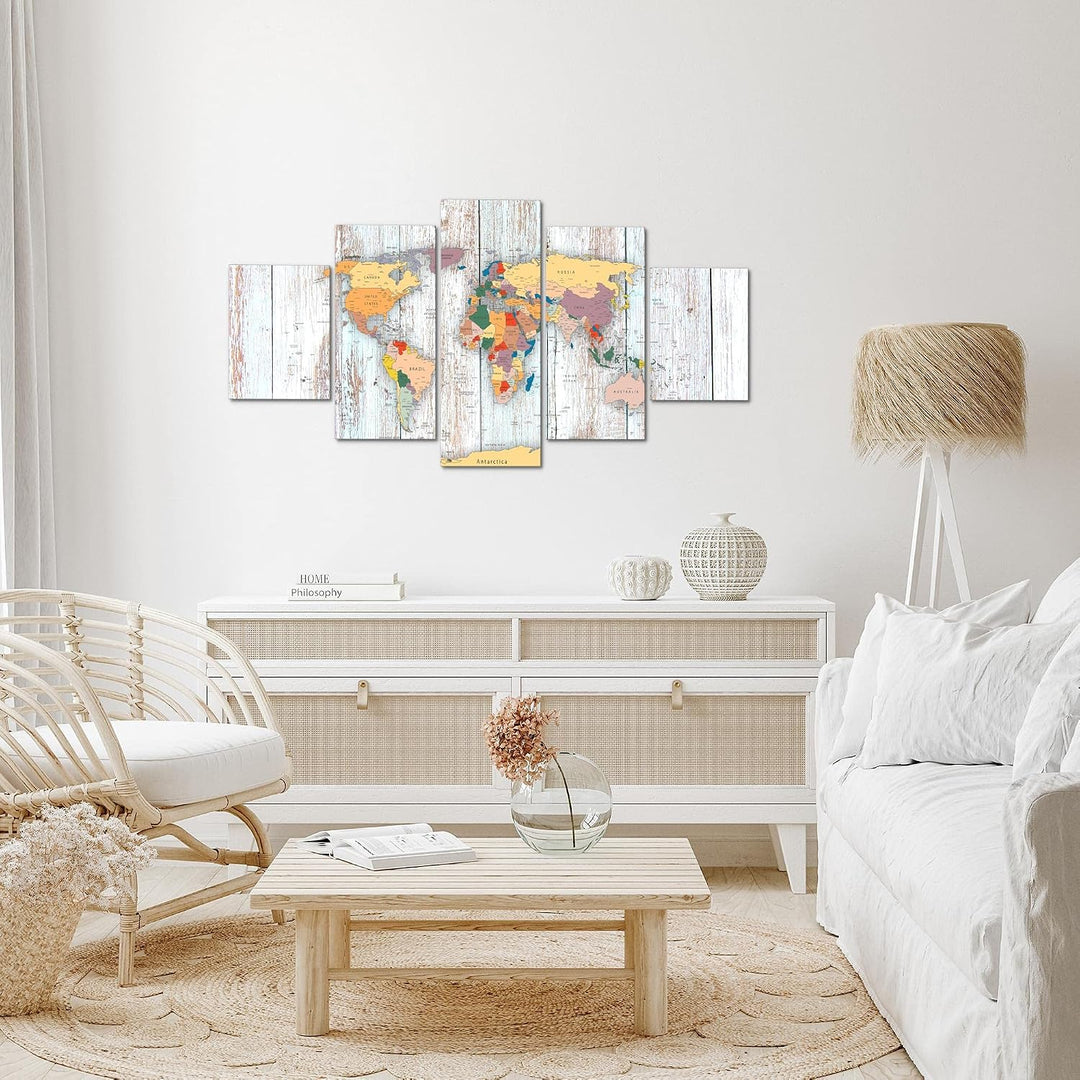 Runa Art Wandbilder Weltkarte Holz 5 Teilig Bild auf Vlies Leinwand Deko Büro Wohnzimmer Landkarte W
