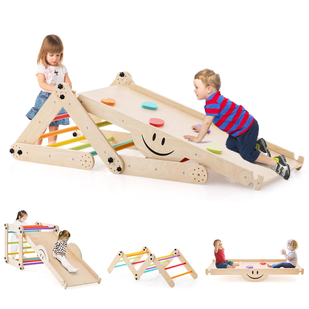 COSTWAY Klettergerüst Indoor, Kletterdreieck mit Rutsche, DIY Kletterleiter, Indoor Spielplatz umwan