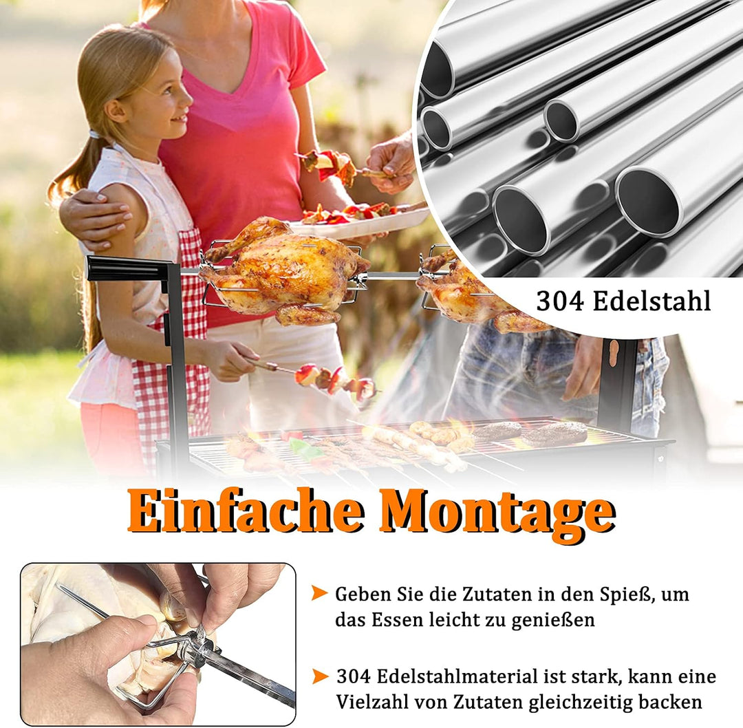 ACXIN Edelstahl Grillspiess Set 107cm mit Motor inkl. Fleischnadeln Elektrischer Drehspiess, Elektri