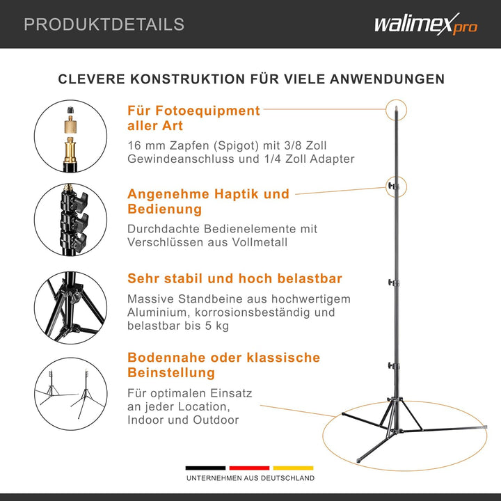 Walimex pro GN-806 Lampenstativ 215cm - klappbares kompaktes Lichtstativ aus Aluminium, Höhe 57-215