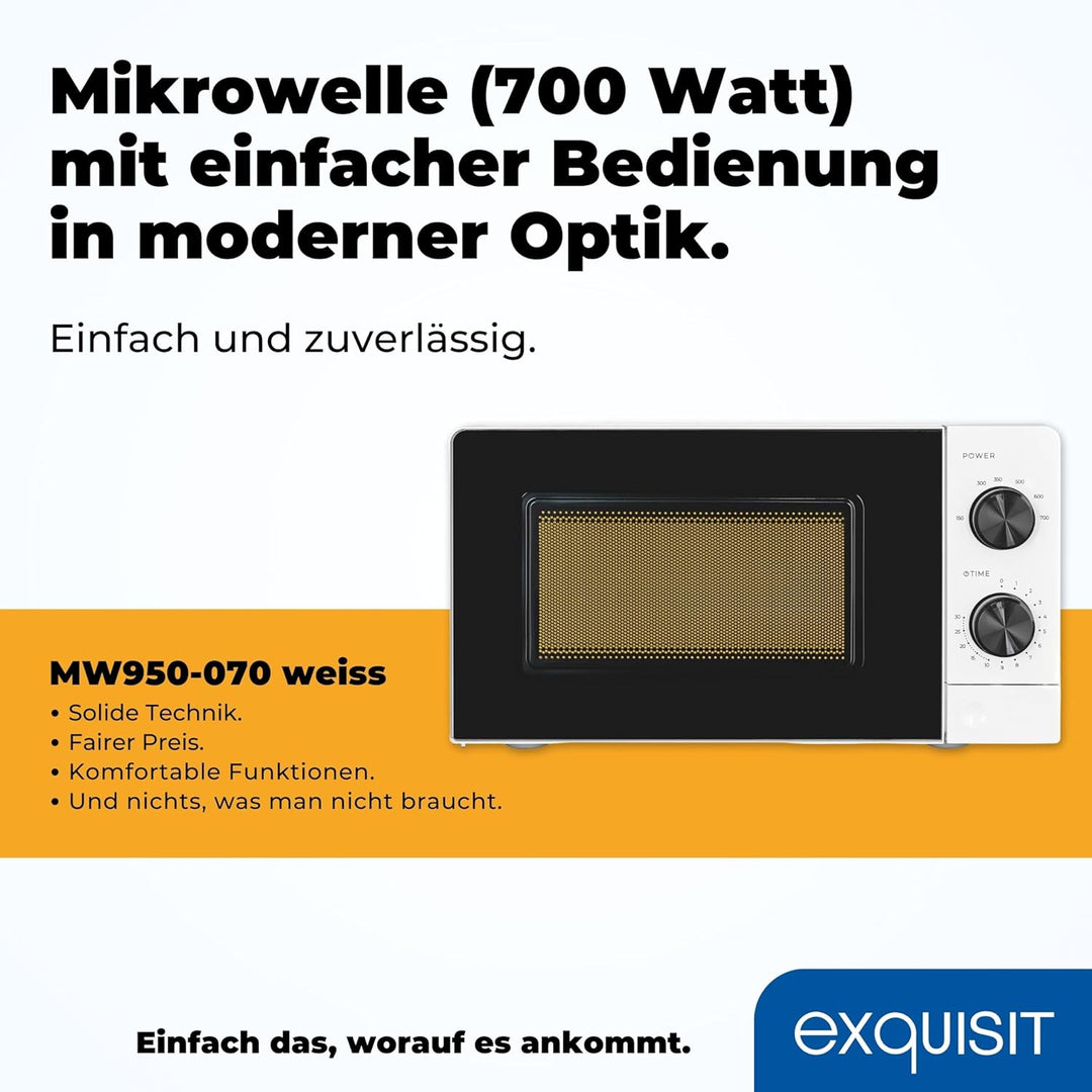 Exquisit Mikrowelle 20L, 700 Watt, 24,5cm Drehteller, 5 Leistungsstufen, Timer, Auftaufunktion, 2 Dr
