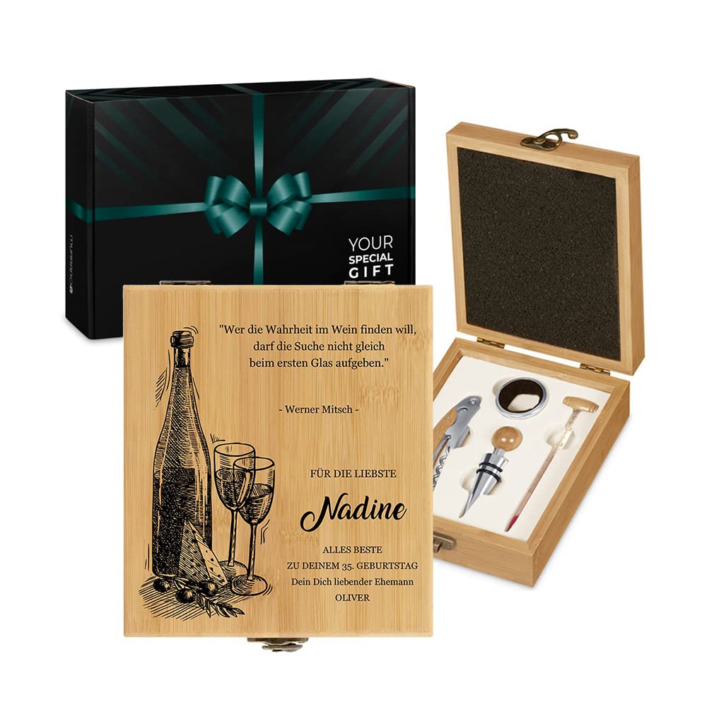 Maverton Weinöffner-Set personalisiert Weinset Sommelier Set - Geschenkbox Holzbox + 4er Weinzubehör