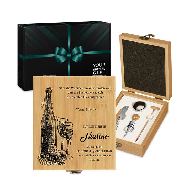 Maverton Weinöffner-Set personalisiert Weinset Sommelier Set - Geschenkbox Holzbox + 4er Weinzubehör