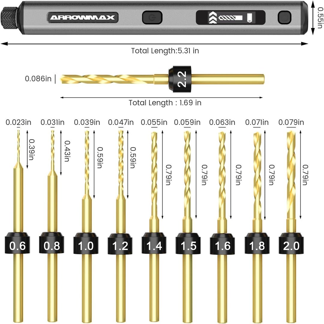 5-Gang-Elektro-Mini-Bohrstift, ARROWMAX 10 kleine Bohrer mit Aluminiumbox, OLED-Display, LED-Leuchte
