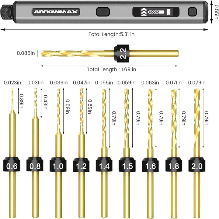5-Gang-Elektro-Mini-Bohrstift, ARROWMAX 10 kleine Bohrer mit Aluminiumbox, OLED-Display, LED-Leuchte
