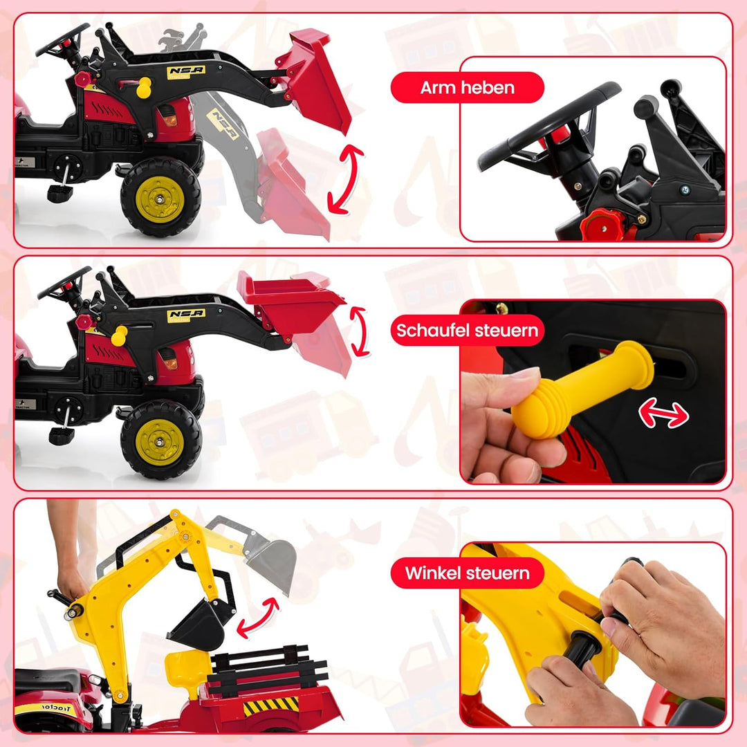 COSTWAY Trettraktor, Kinder Traktor mit Abnehmbarer Anhänger & Grabschaufel, Kindertraktor bis 35 kg